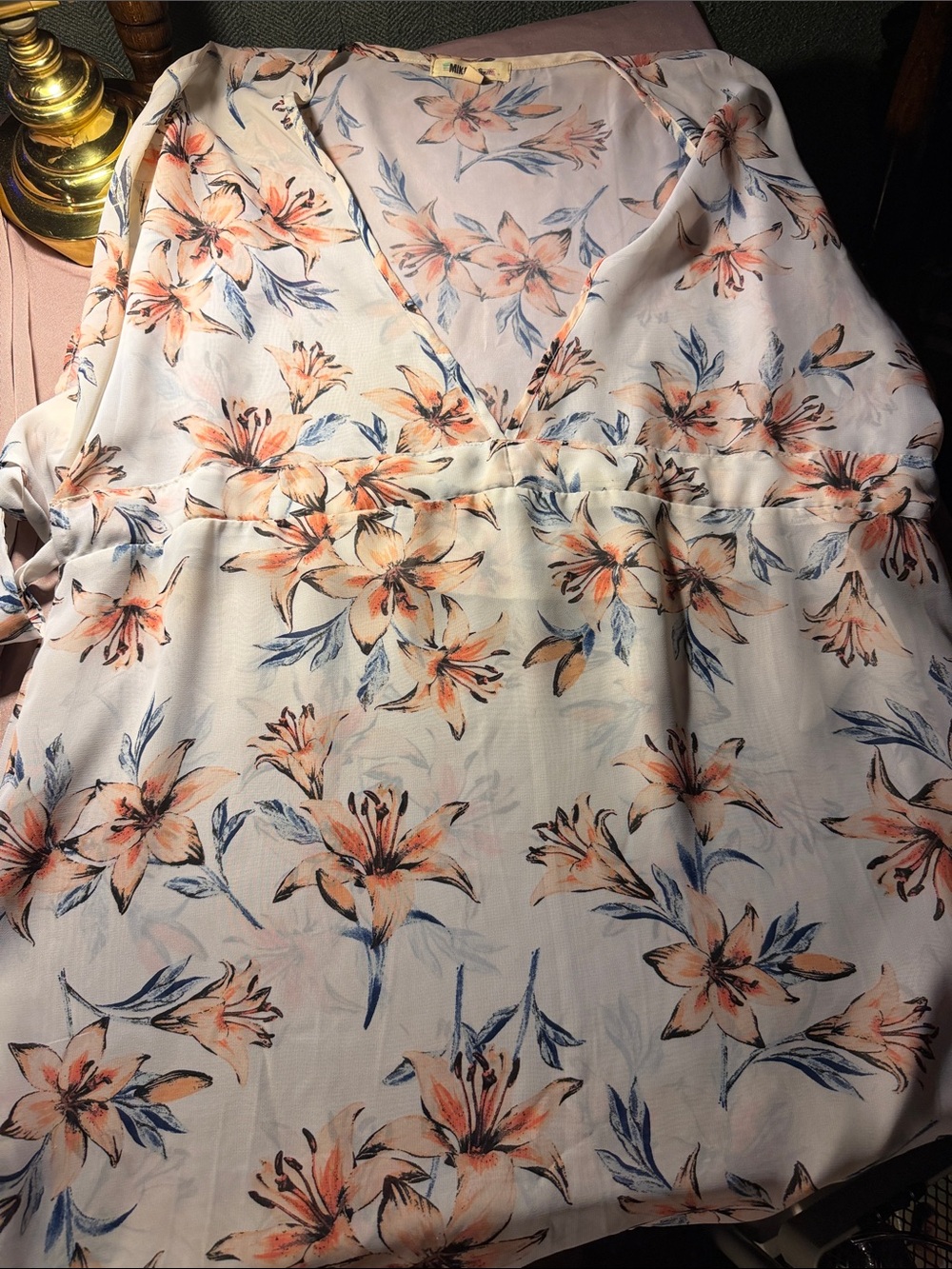 Miken Floral V-Neck Tunic in Peach and Blue on Cream